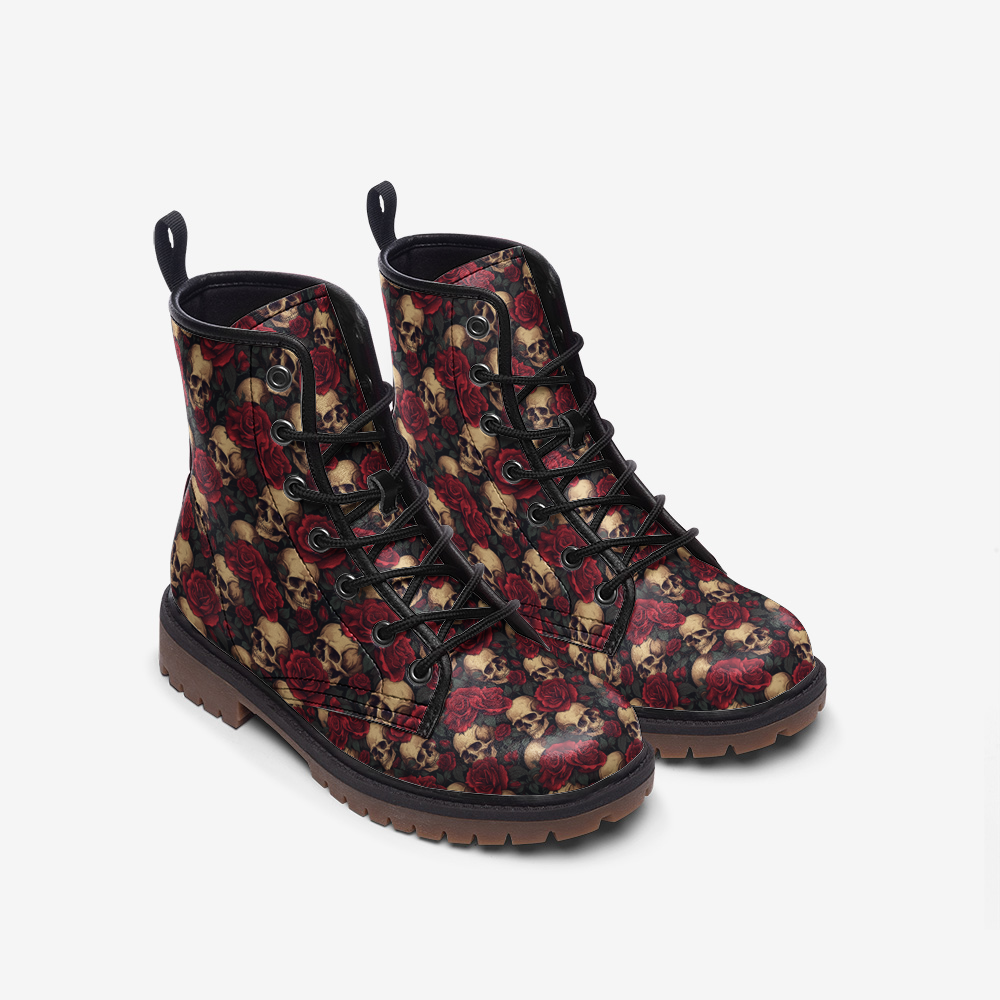 Vegan Combat Boots Red Rose Skull