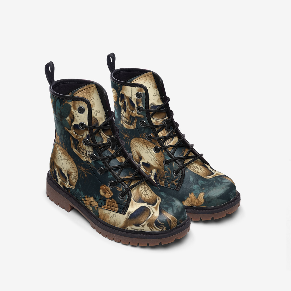 Vegan Combat Boots Skull Floral