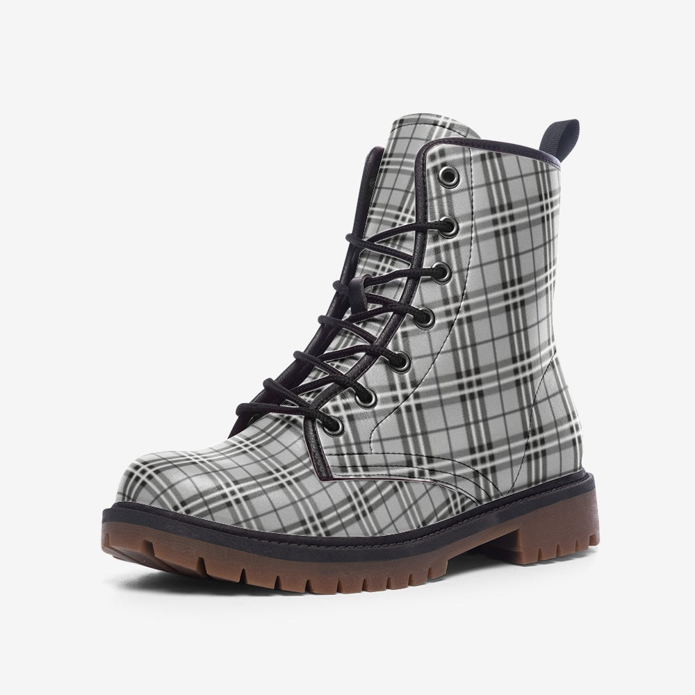 Shop our Grey Plaid Vegan Combat Boots for a timeless yet eco-conscious look. Made from cruelty-free vegan leather, these boots offer durability, comfort, and sustainable fashion. Perfect for men and women!