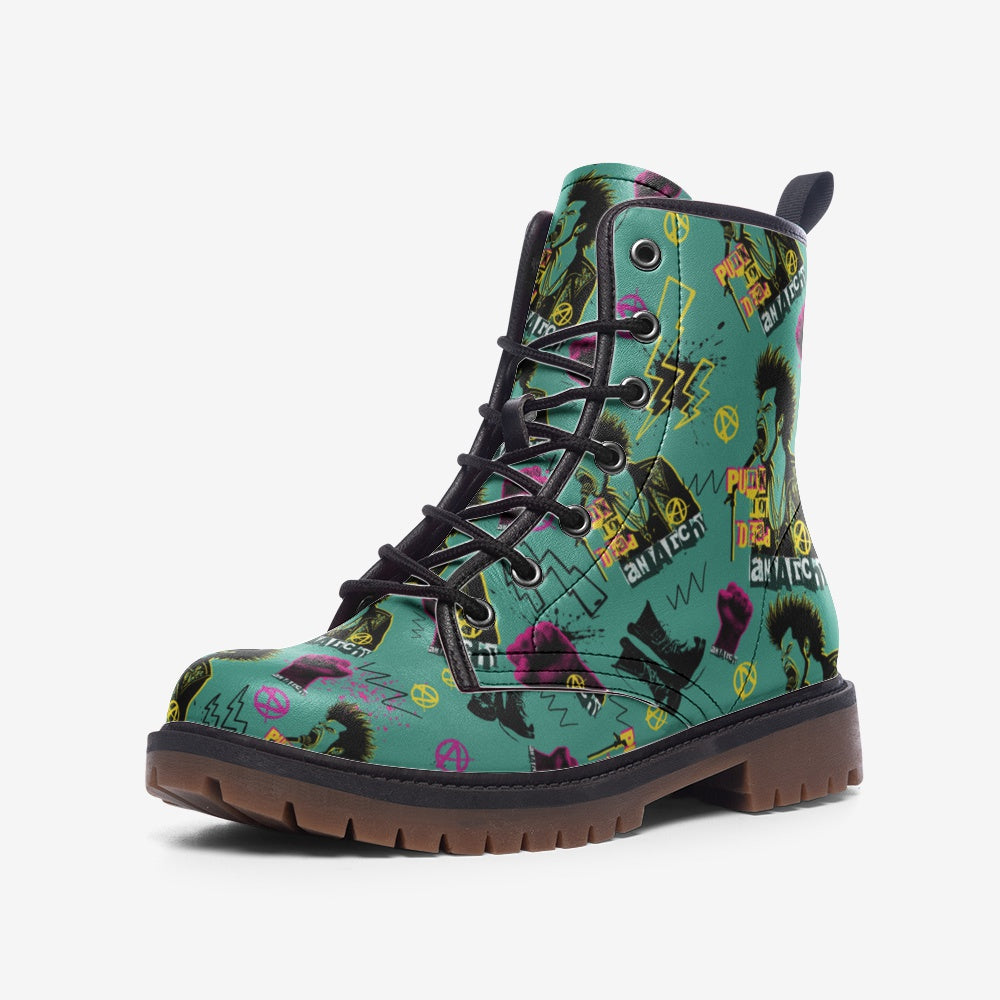 Unleash your inner rebel with these bold Punk Vegan Combat Boots. Eco-friendly and available in all sizes, these stylish boots feature striking punk designs. Shop now for an edge that stands out!