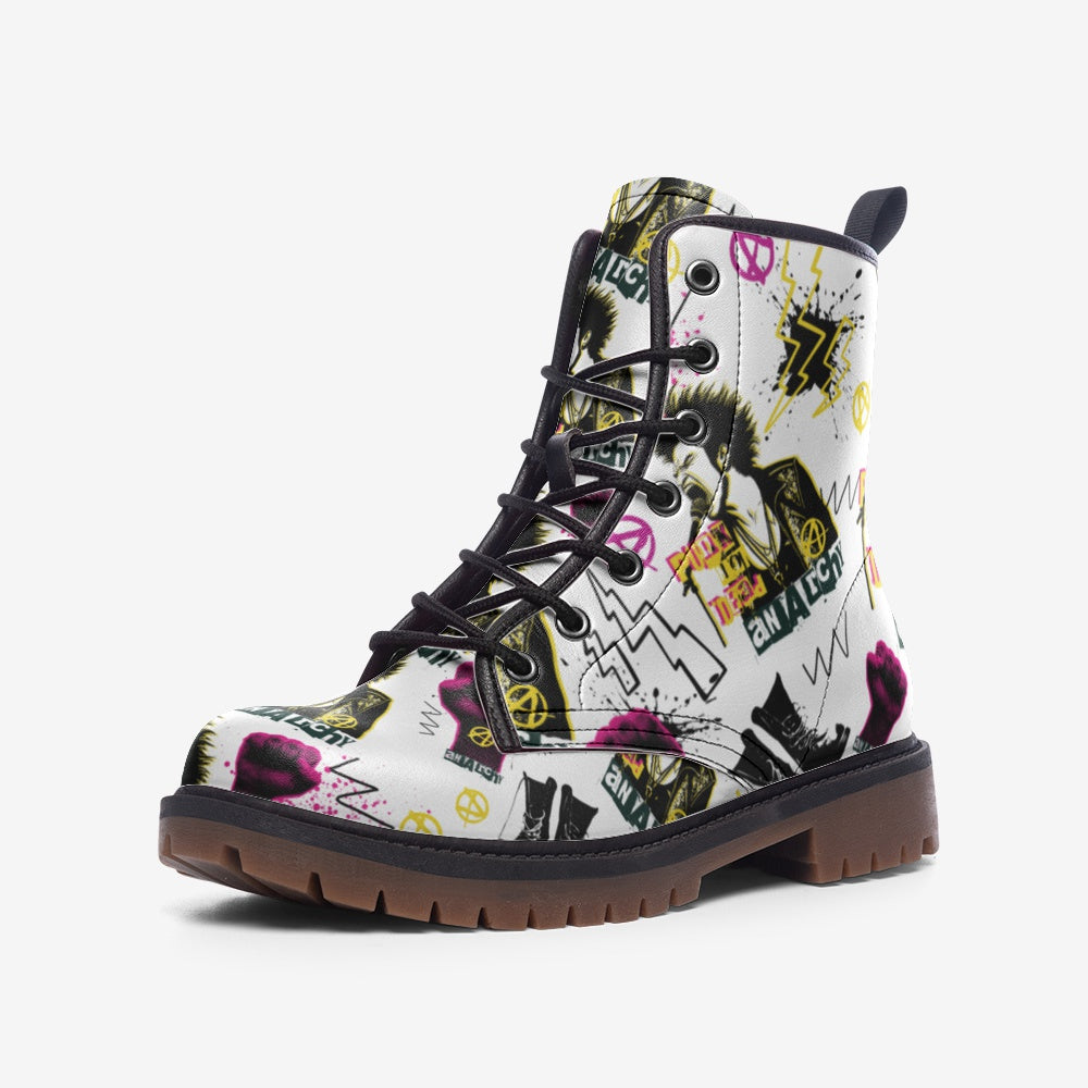 Stand out with Punk Vegan Combat Boots featuring bold graphics and eco-friendly design. Available in all sizes, shop these stylish, cruelty-free boots today for a rebellious edge.