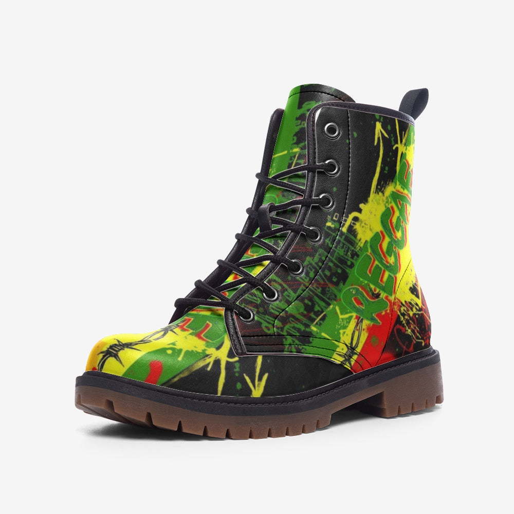 Step into vibrant Reggae Vibes Vegan Combat Boots. Bold colors, eco-conscious design, and cruelty-free vegan leather make these boots a must-have. Shop now for comfort and sustainability!