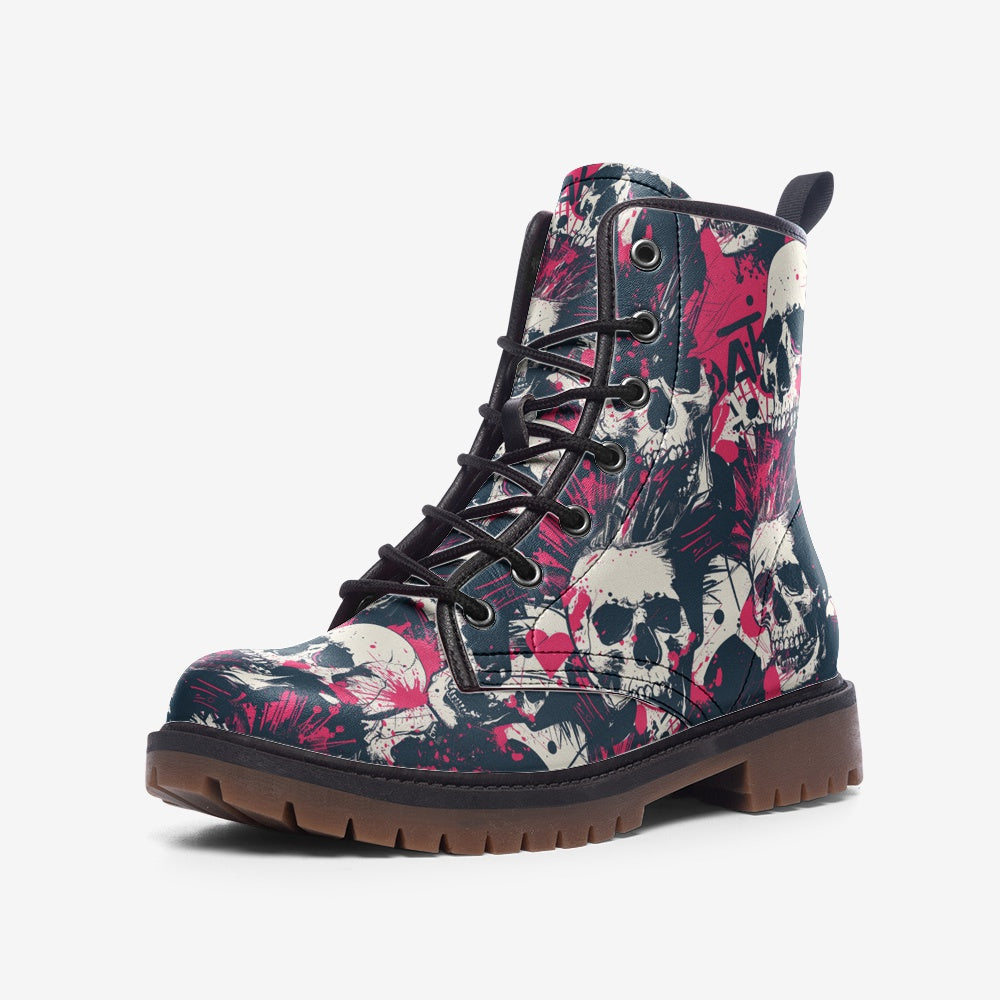 Discover our skull design vegan combat boots. Perfect for those who love edgy, bold fashion, these eco-friendly boots offer durability, comfort, and standout style. Shop now!