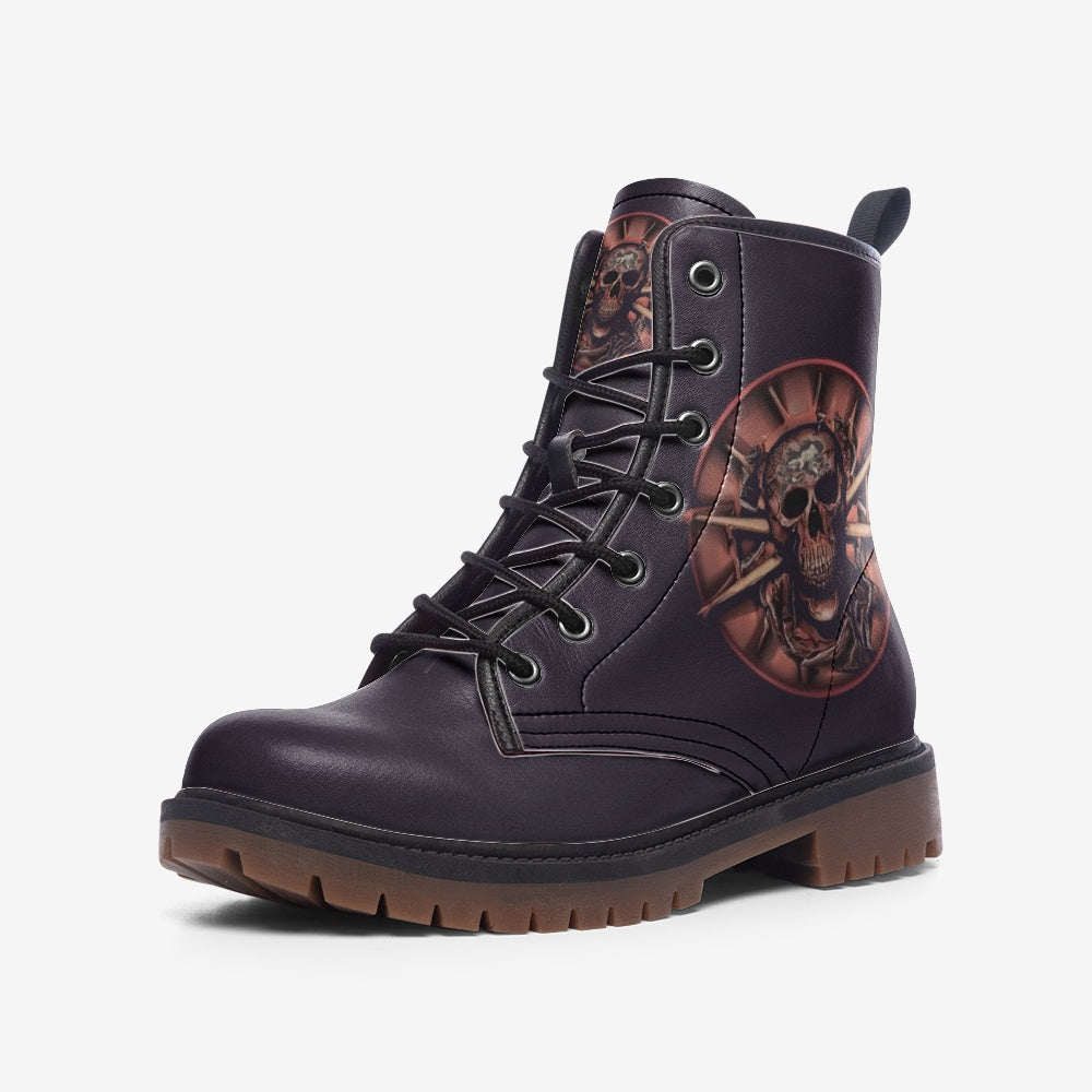 Discover the Bold Skull Design Vegan Combat Boots in Dark Purple. Made from eco-friendly vegan leather, perfect for a unique, edgy style. Order now