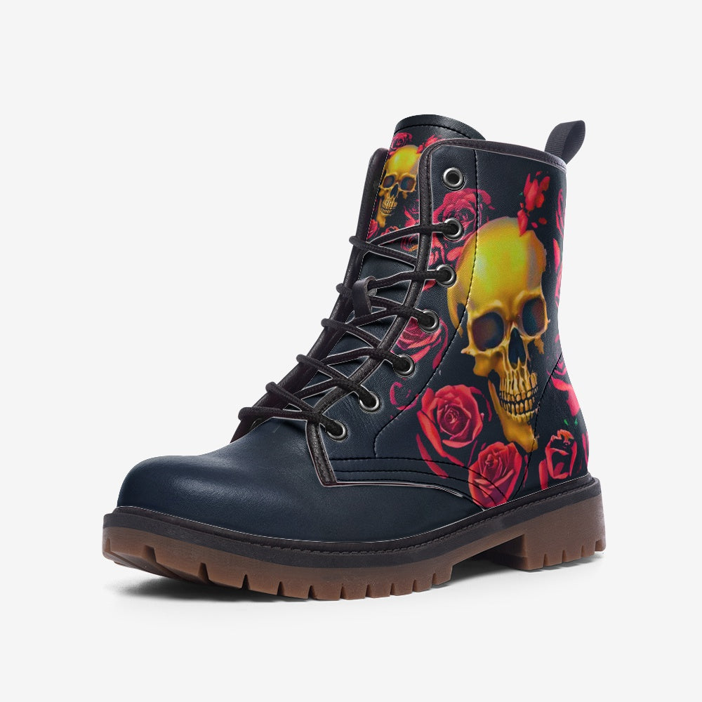 Discover bold Skull & Roses Vegan Combat Boots. Durable, stylish, and eco-friendly. Order now for cruelty-free fashion that makes a statement!