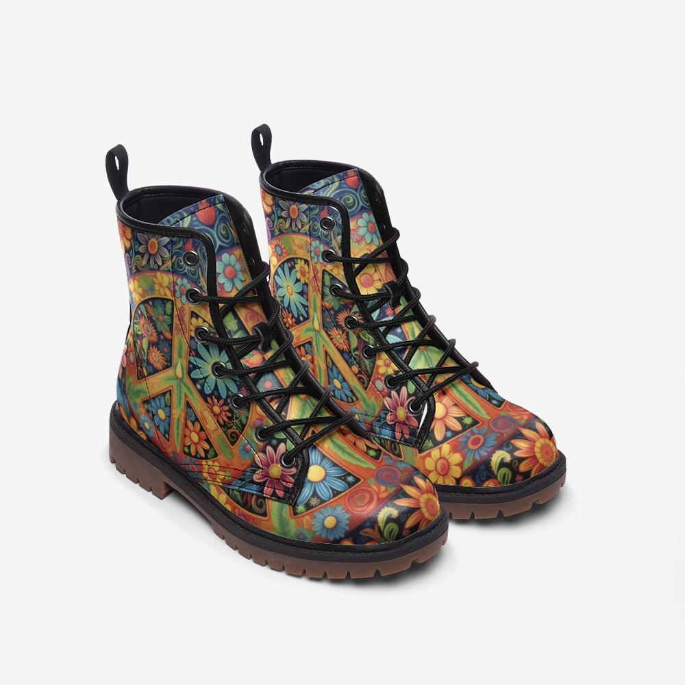 Vegan Combat Boots Hippie Colorful Peace Flower