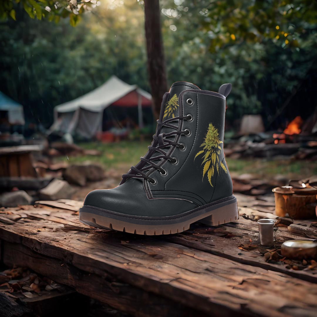 Dark Cannabis Combat Boots – Grounded vegan style.