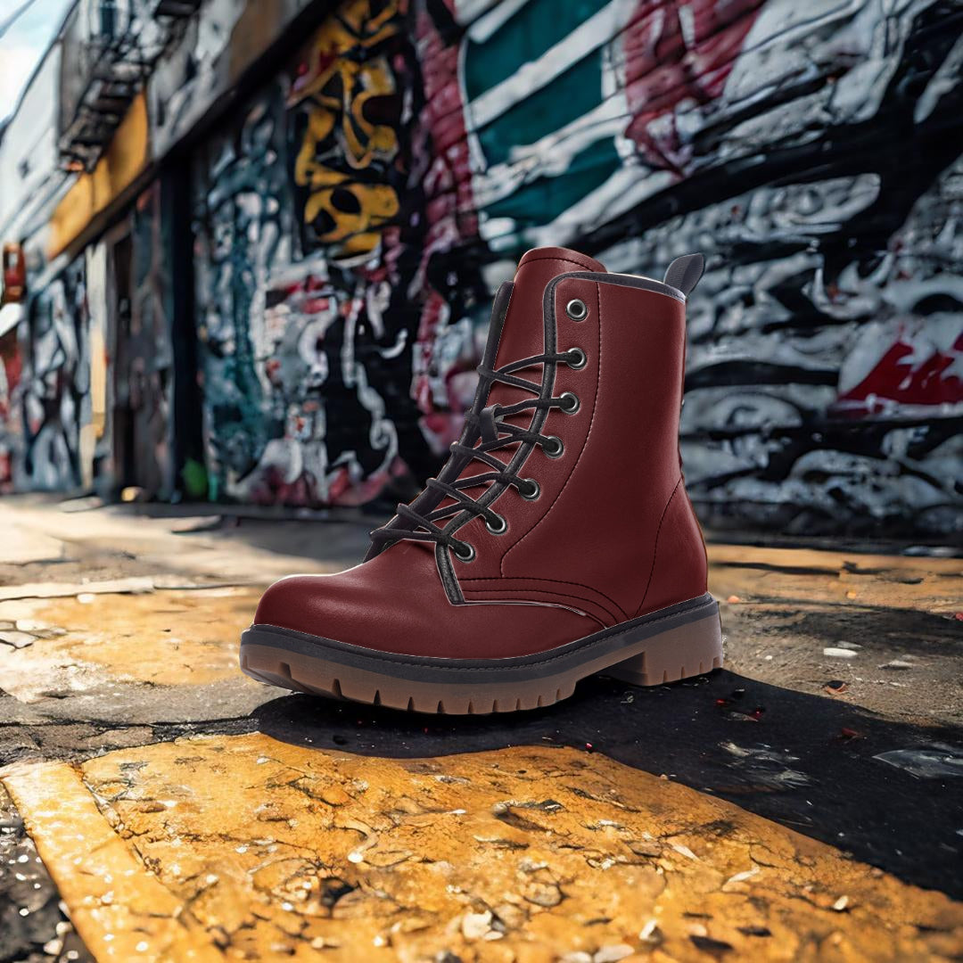 Maroon Combat Boots – Bold, emotional, and sustainable.