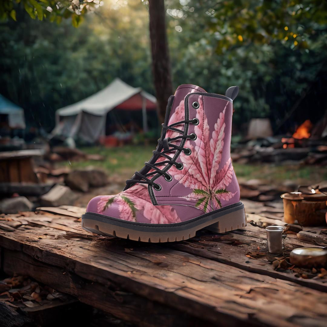 Pink Cannabis Combat Boots – Bold vegan statement footwear.