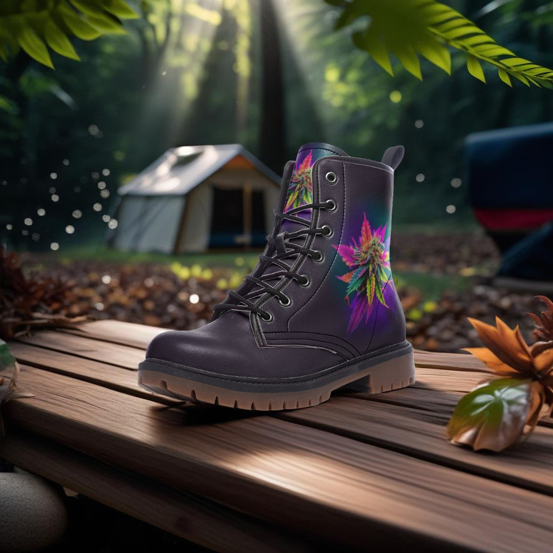Psychedelic Cannabis Combat Boots in vegan leather for bold self-expression