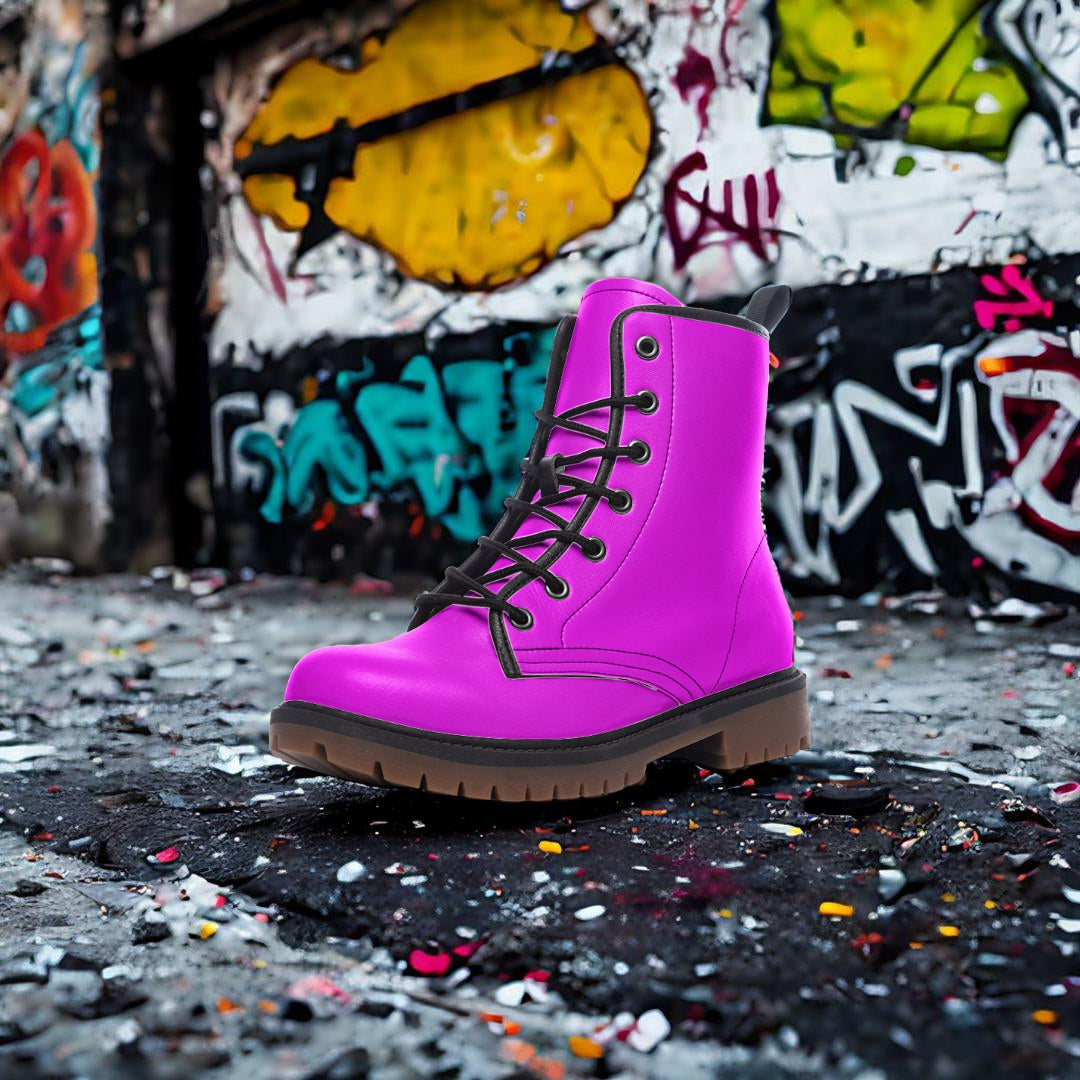 Vibrant Purple Combat Boots – Bold and magnetic style.