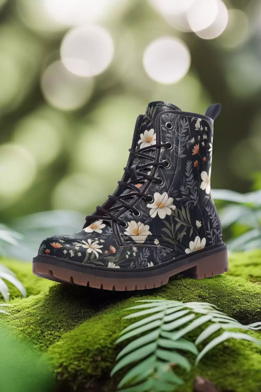 Cottagecore Combat Boots featuring floral patterns and natural tones, made from 100% vegan materials, perfect for eco-conscious, countryside-inspired fashion.