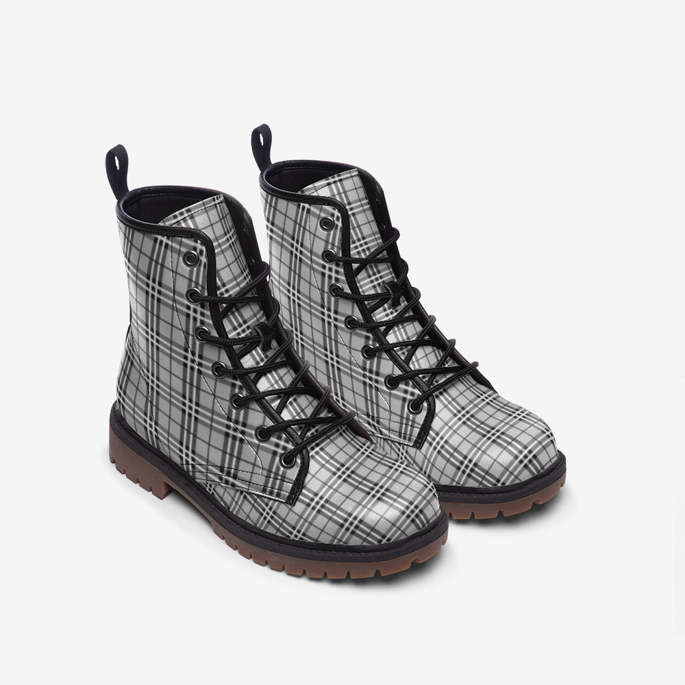 Grey Plaid Vegan Combat Boots