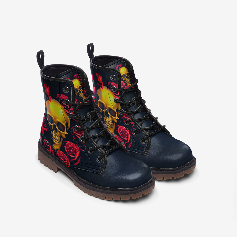 Vegan Combat Boots Skull and Roses