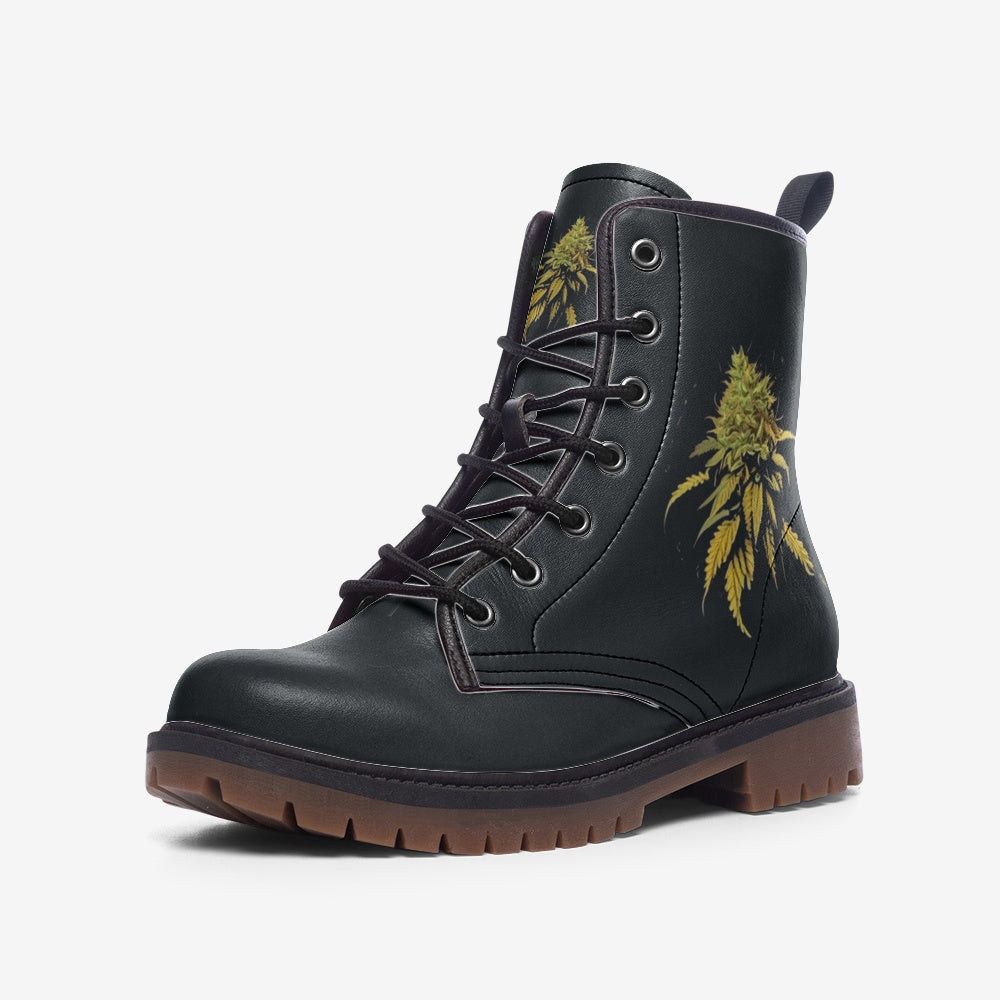Vegan Combat Boots with green cannabis bud print