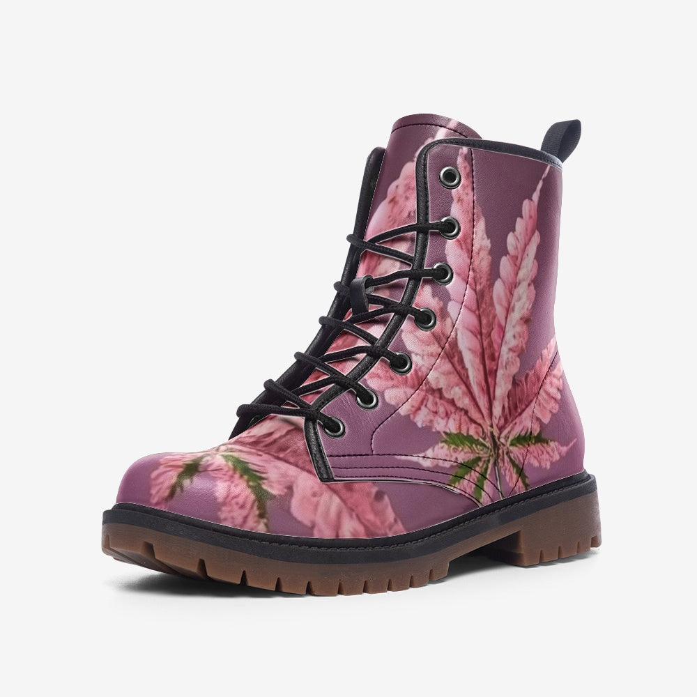 Vegan Combat Boots with marijuana leaf print – Eco-conscious and edgy.