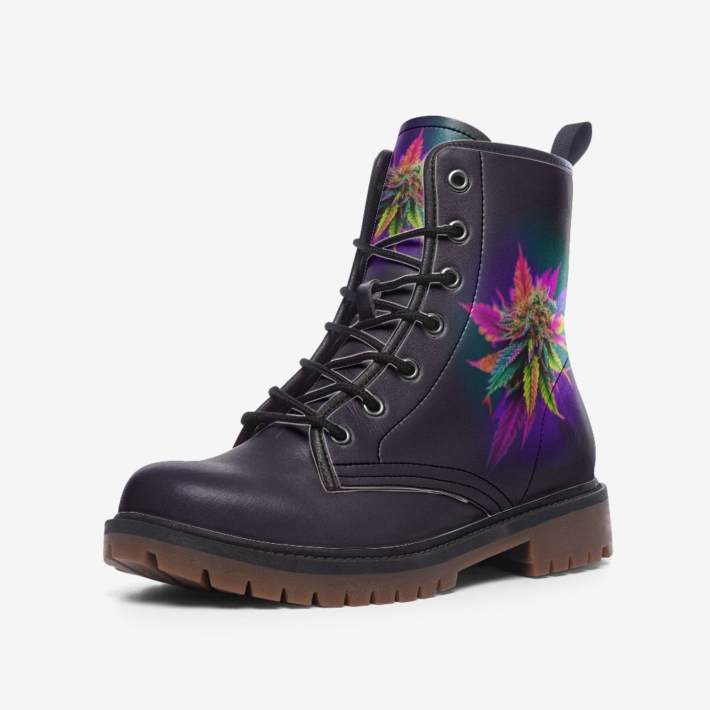 Vegan Combat Boots with rainbow cannabis leaf print – ethical and vibrant