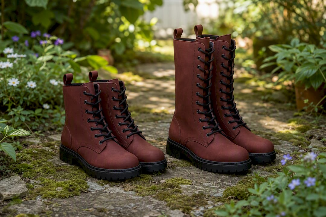 Two vegan combat boots side by side showing different heights