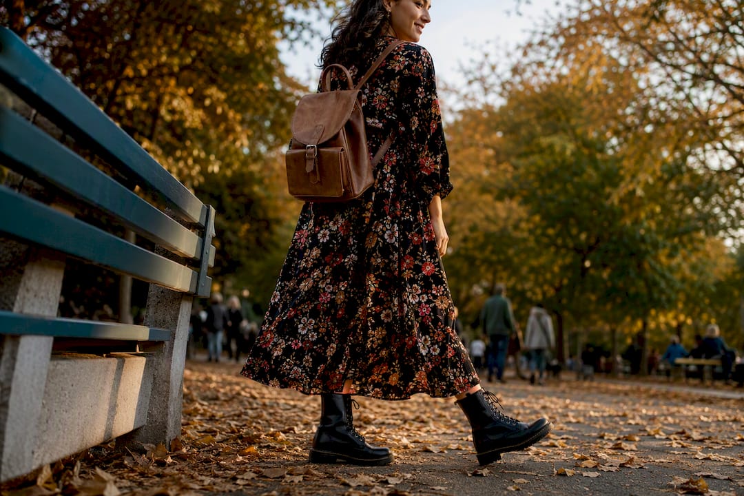 Woman wearing vegan combat boots and dress walking