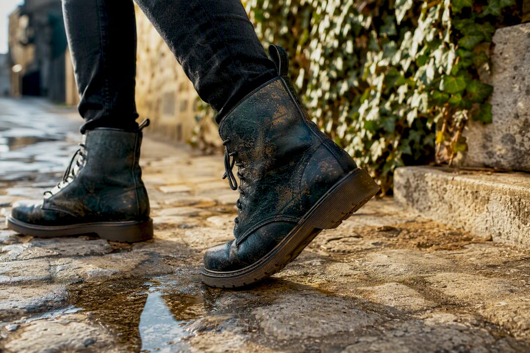 Worn vegan combat boots walking on sidewalk