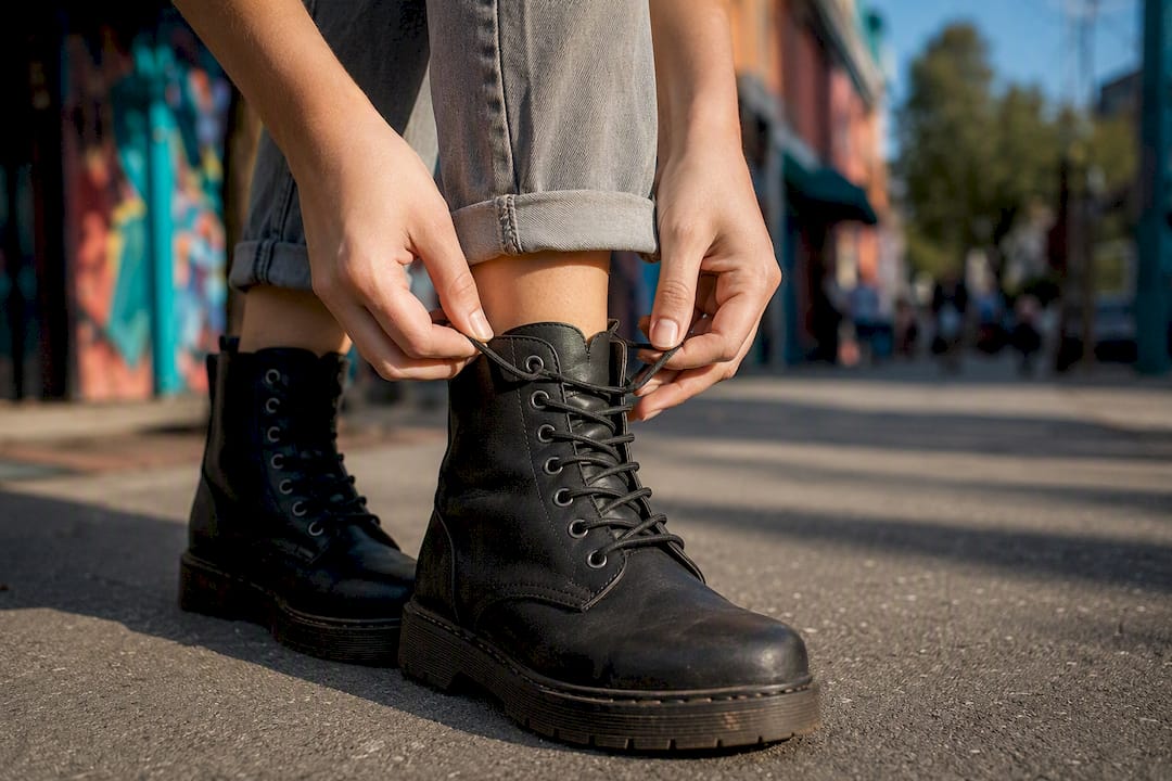 Hands lacing vegan combat boots