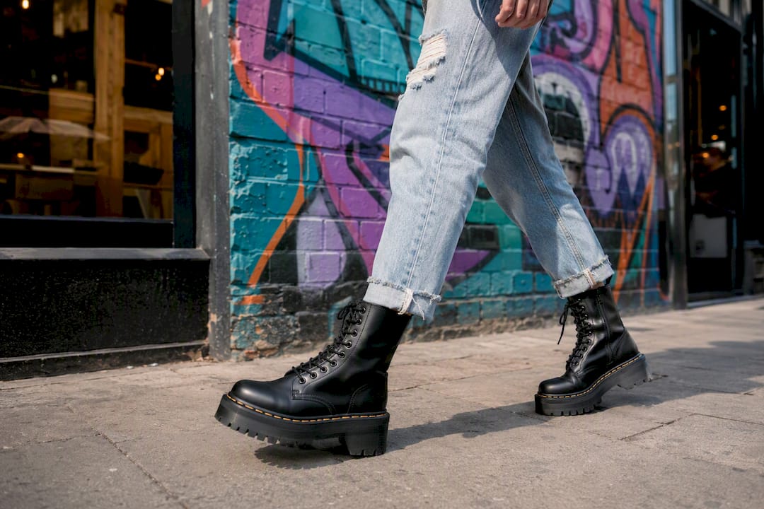 Chunky vegan combat boots styled on urban street