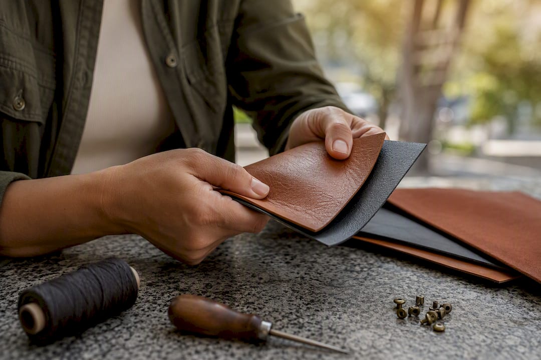 Hands flexing vegan and faux leather samples