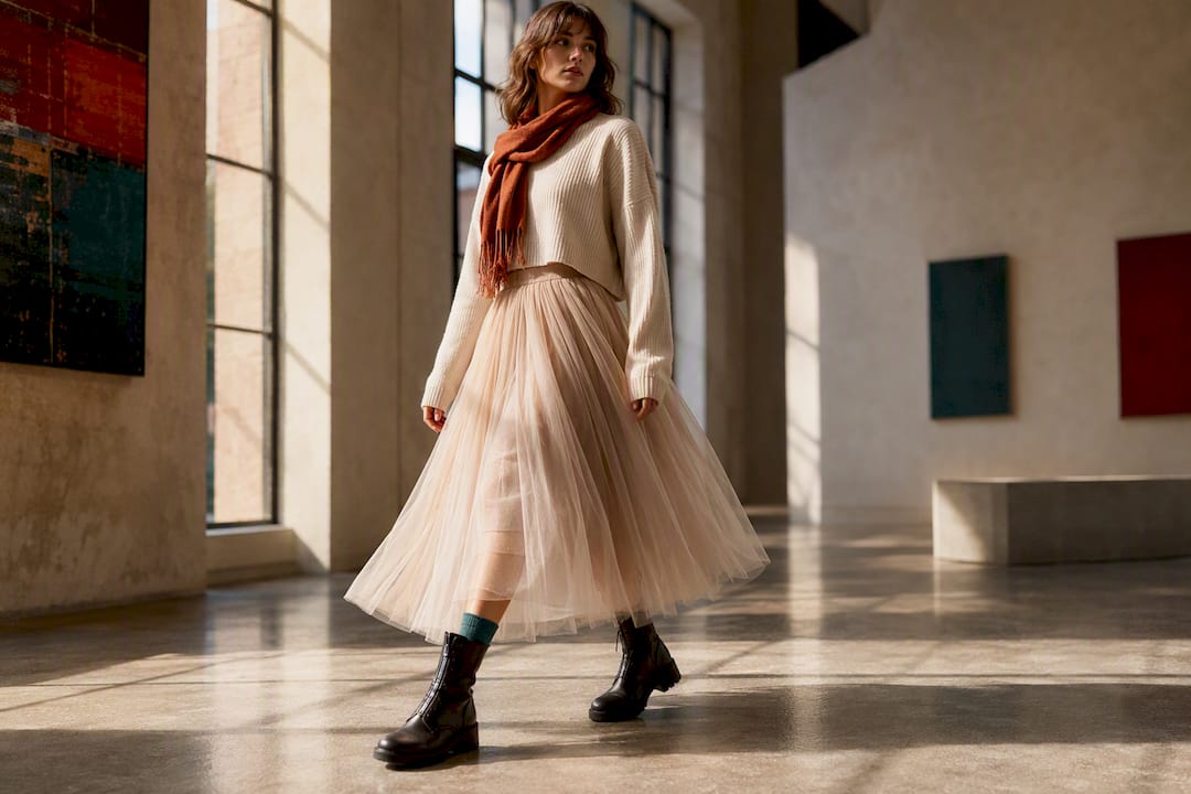 Tulle skirt styled with combat boot