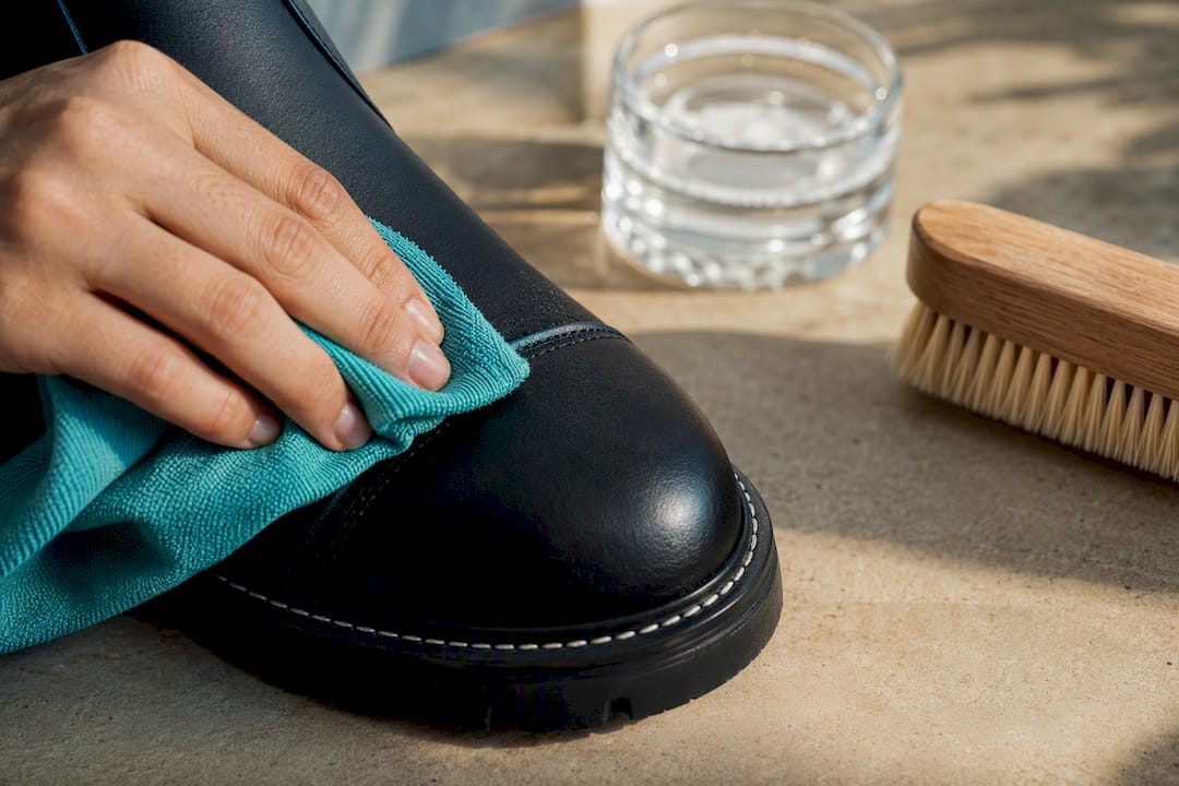 Hand wiping vegan boot upper