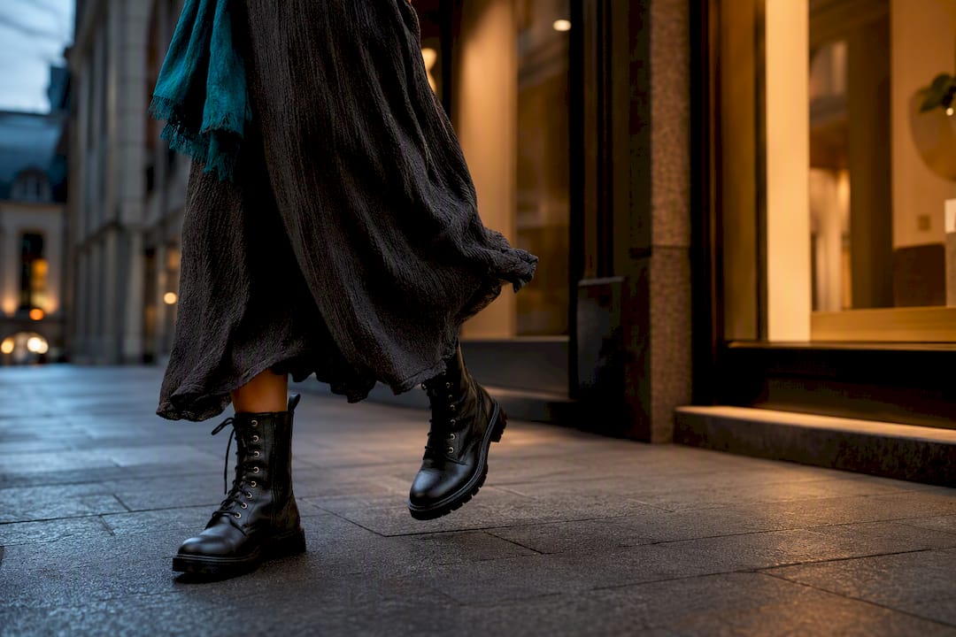 Black combat boots with flowing skirt
