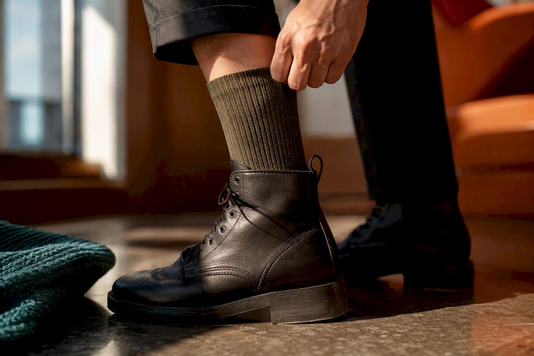 Visible socks above cropped combat boot shafts