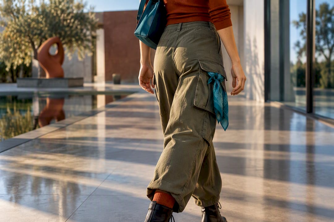Cargo pants styled with cropped combat boots
