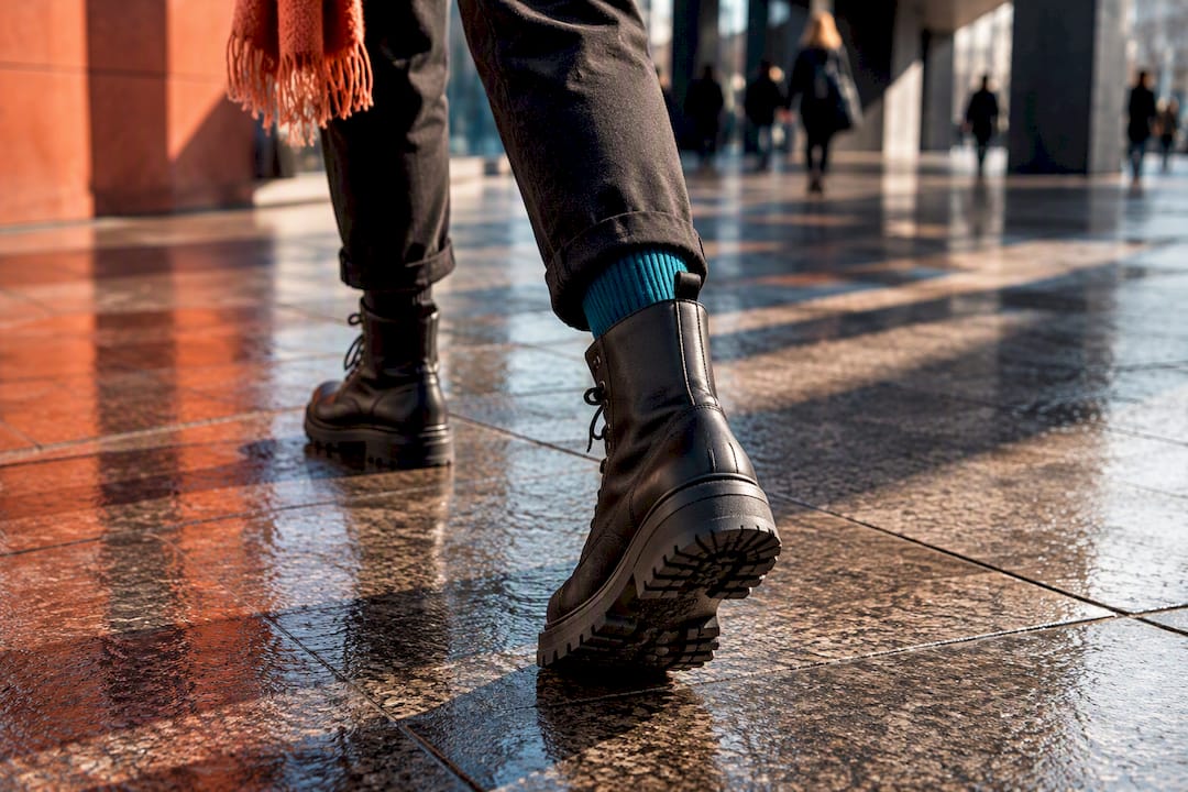Cropped combat boots walking across stone