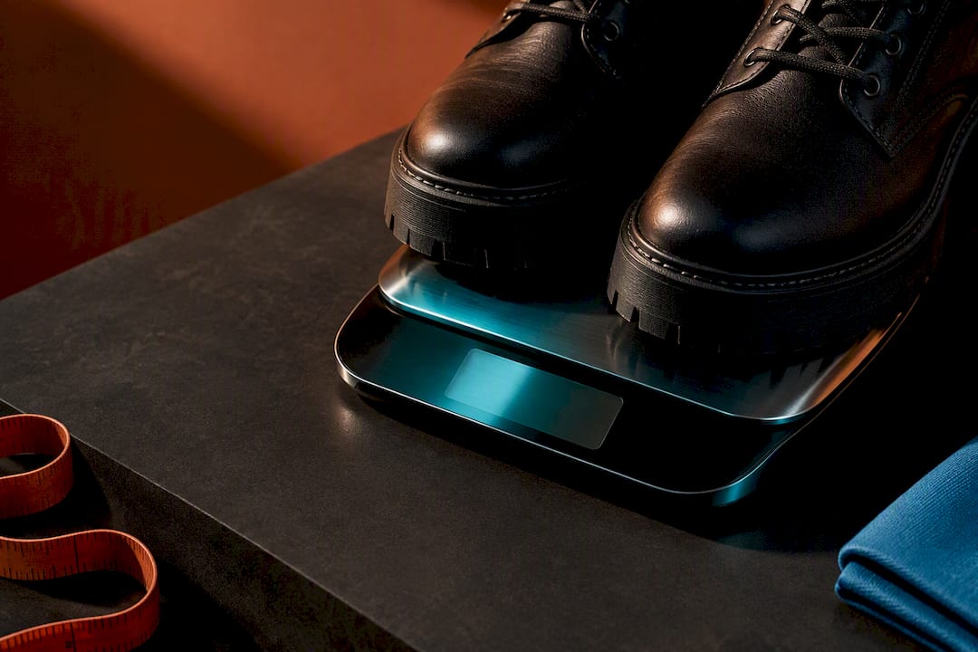 Cropped vegan boots on a weighing scale