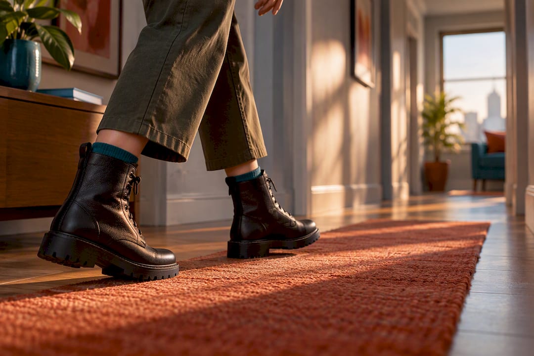 Person carefully walking in combat boots