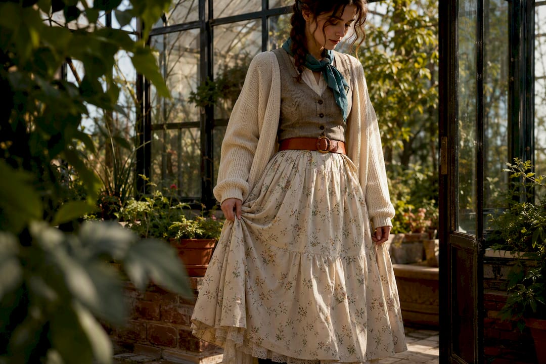 Cottagecore skirt styling with cropped boot detail