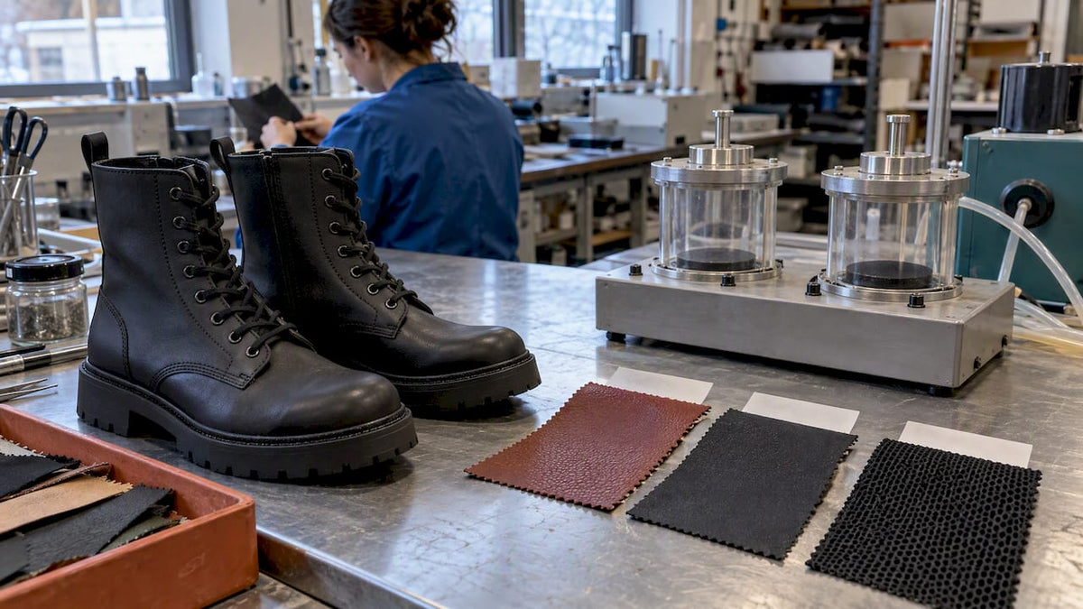 Vegan combat boots beside material breathability samples