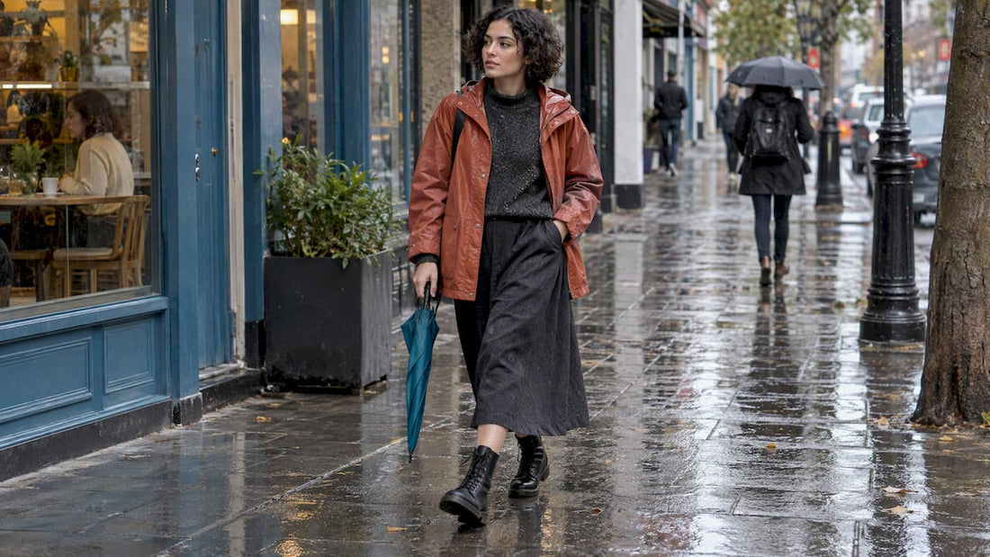 Rainy day outfit with vegan combat boots