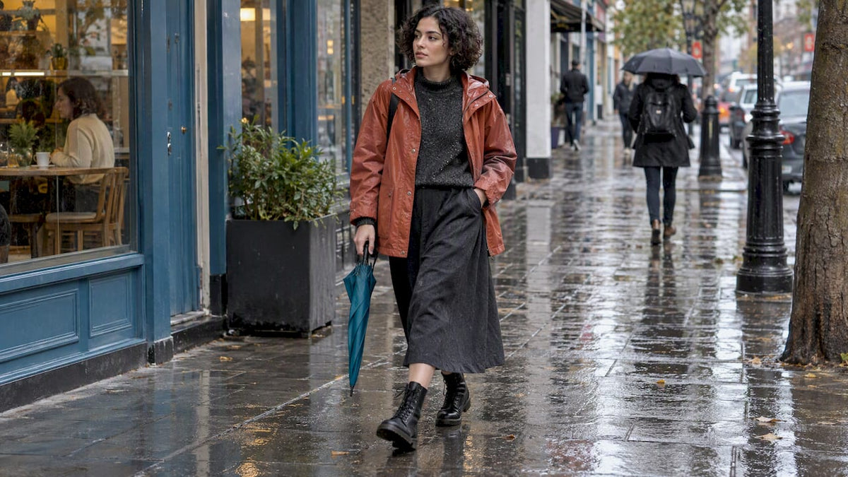 Rainy day outfit with vegan combat boots
