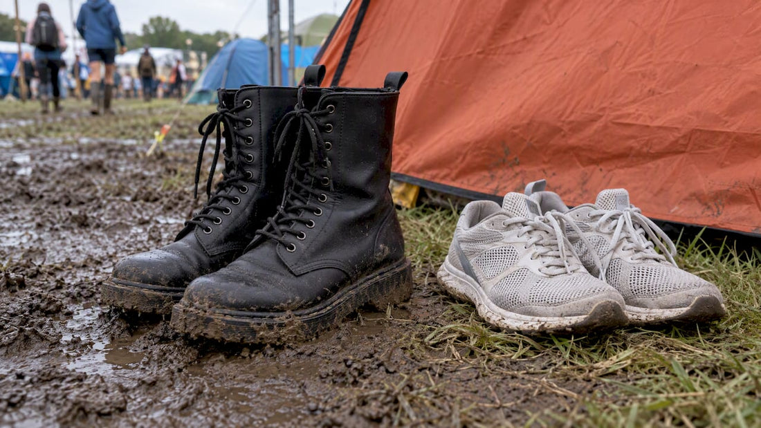 Combat boots and mesh sneakers beside muddy ground