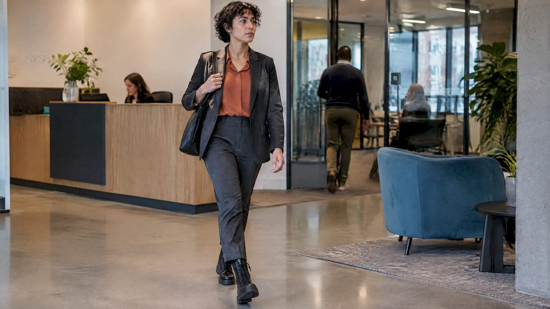 Office outfit styled with black vegan combat boots