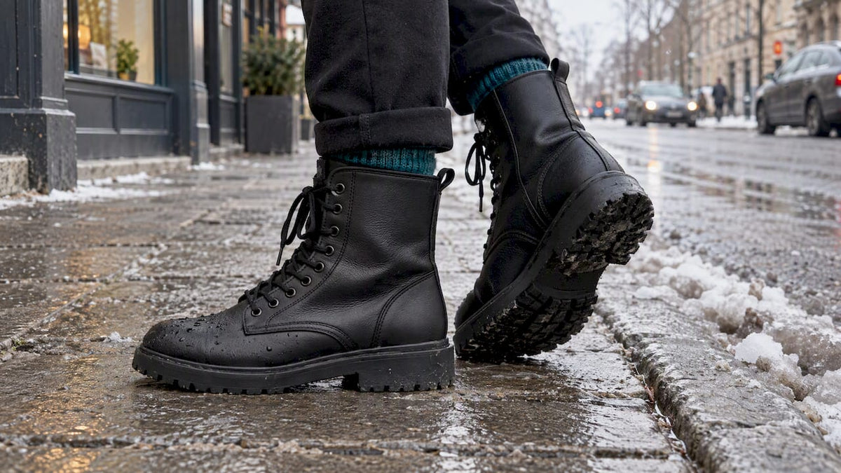 Vegan combat boots on a slushy winter curb