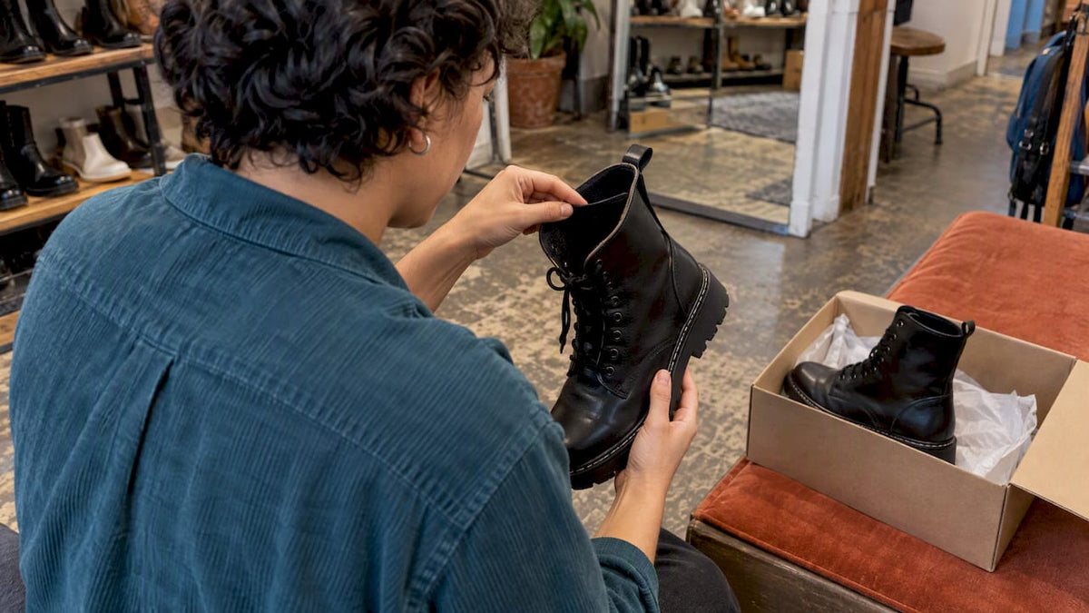 Shopper inspecting a combat boot’s materials