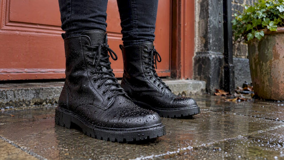 Vegan combat boots beaded with rain