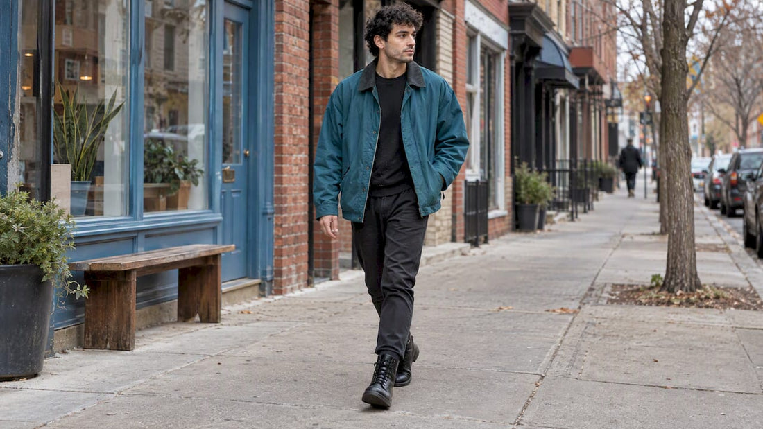 Everyday layered streetwear with vegan combat boots
