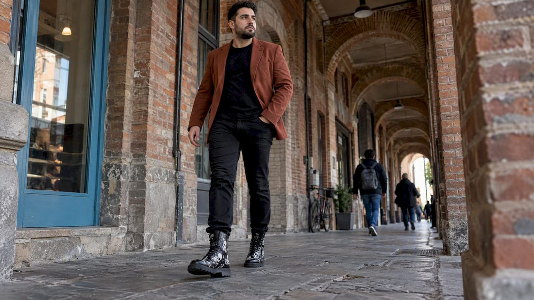 Skull boots styled with black jeans and blazer