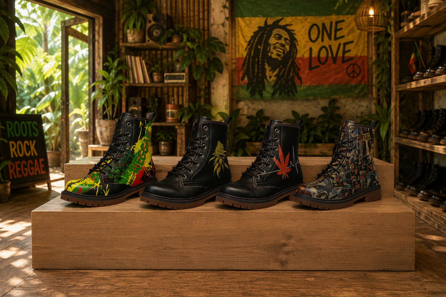 Reggae Vegan Combat Boots featuring Bob Marley, weed-inspired designs, and eco-friendly materials, perfect for free spirits and music lovers.