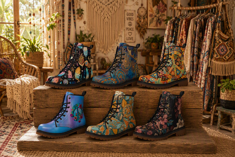 Boho Hippie Combat Boots – 100% vegan, featuring intricate patterns and vibrant colors, perfect for free-spirited individuals embracing eco-friendly, bohemian style.