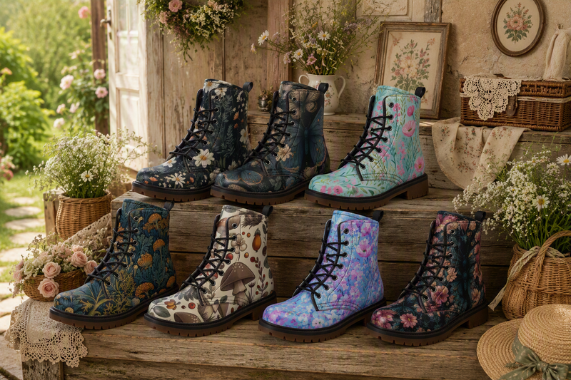 Cottagecore Combat Boots featuring floral patterns and natural tones, made from 100% vegan materials, perfect for eco-conscious, countryside-inspired fashion.