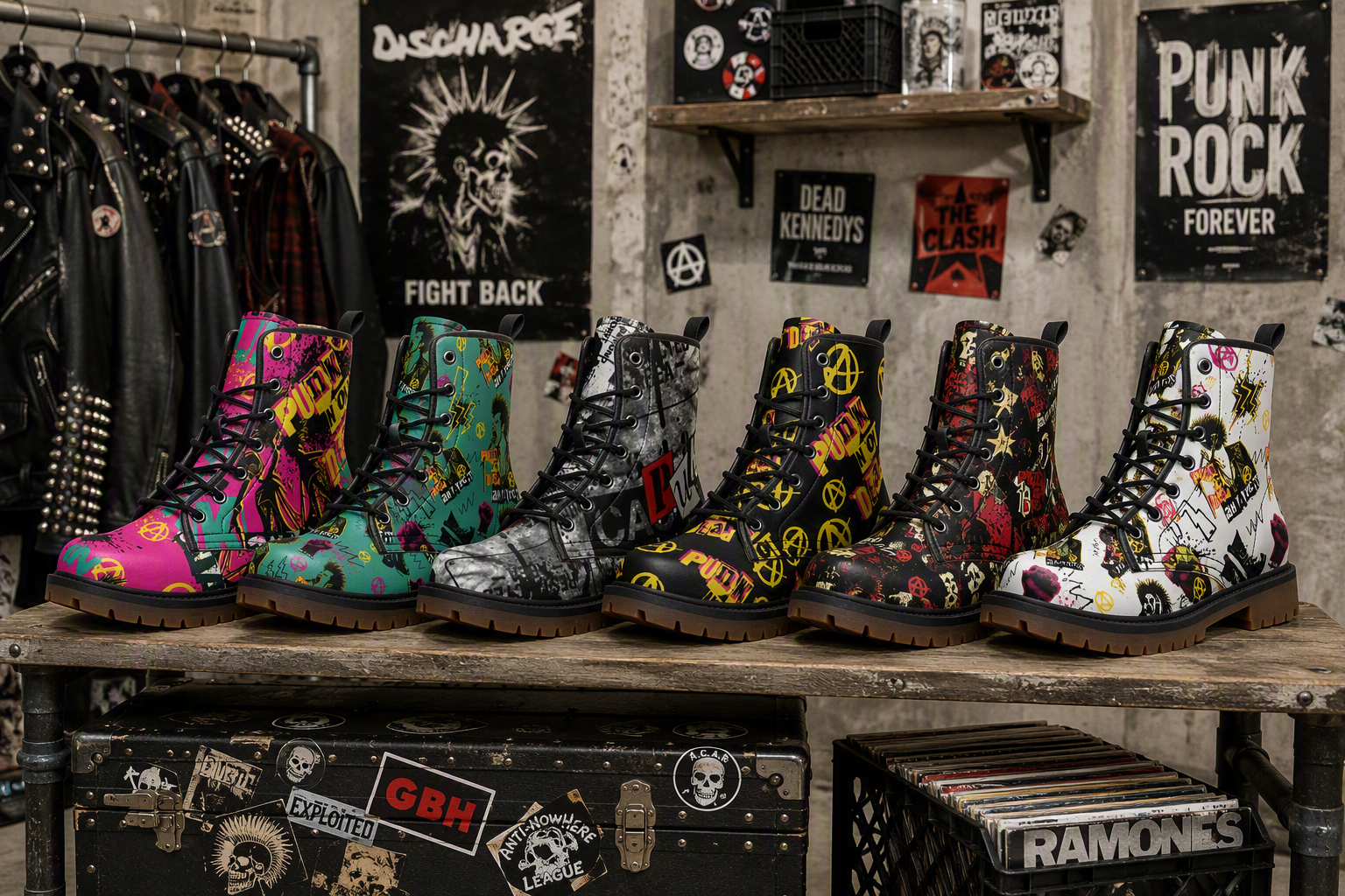 Punk Vegan Combat Boots with graffiti-inspired designs and rugged soles, perfect for the rebellious spirit, made from 100% cruelty-free materials